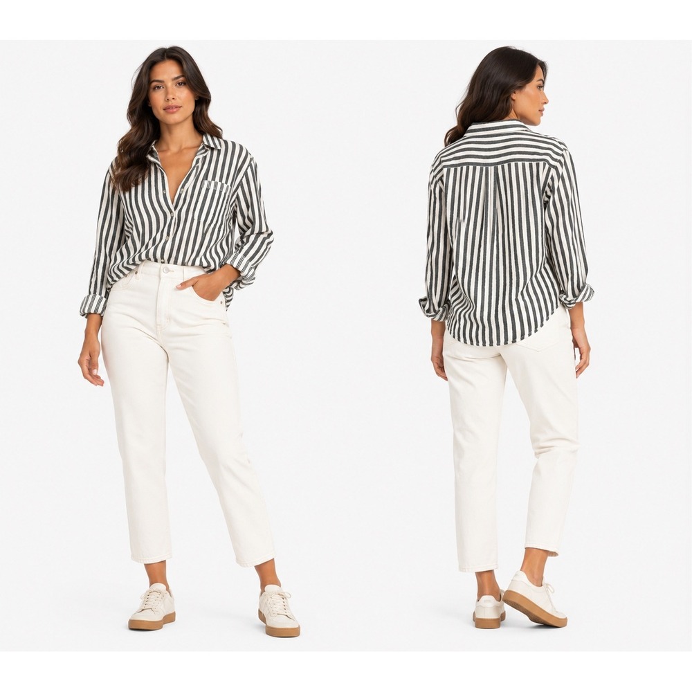 Victoria's Secret Pajama Top Womens Small Grey White Striped Button Up Sleepwear